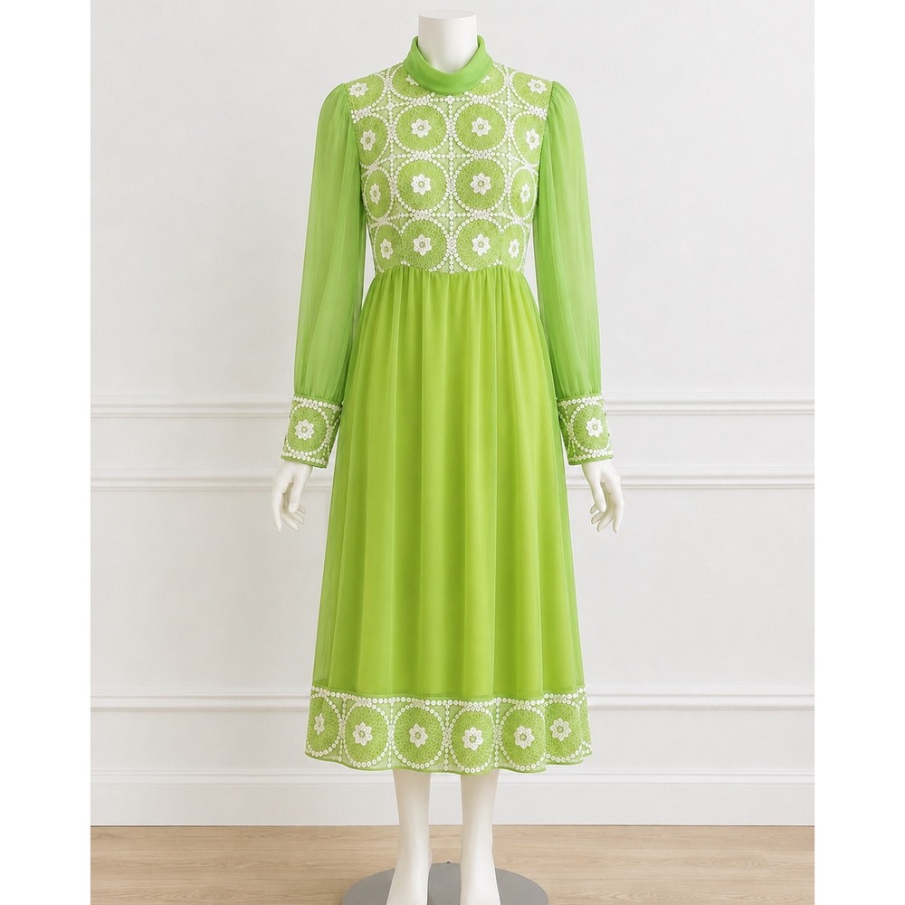 Vintage 1970s Lime Green Chiffon Dress Crochet Sequin Bodice Sheer Sleeve 70s - Picture 1 of 12